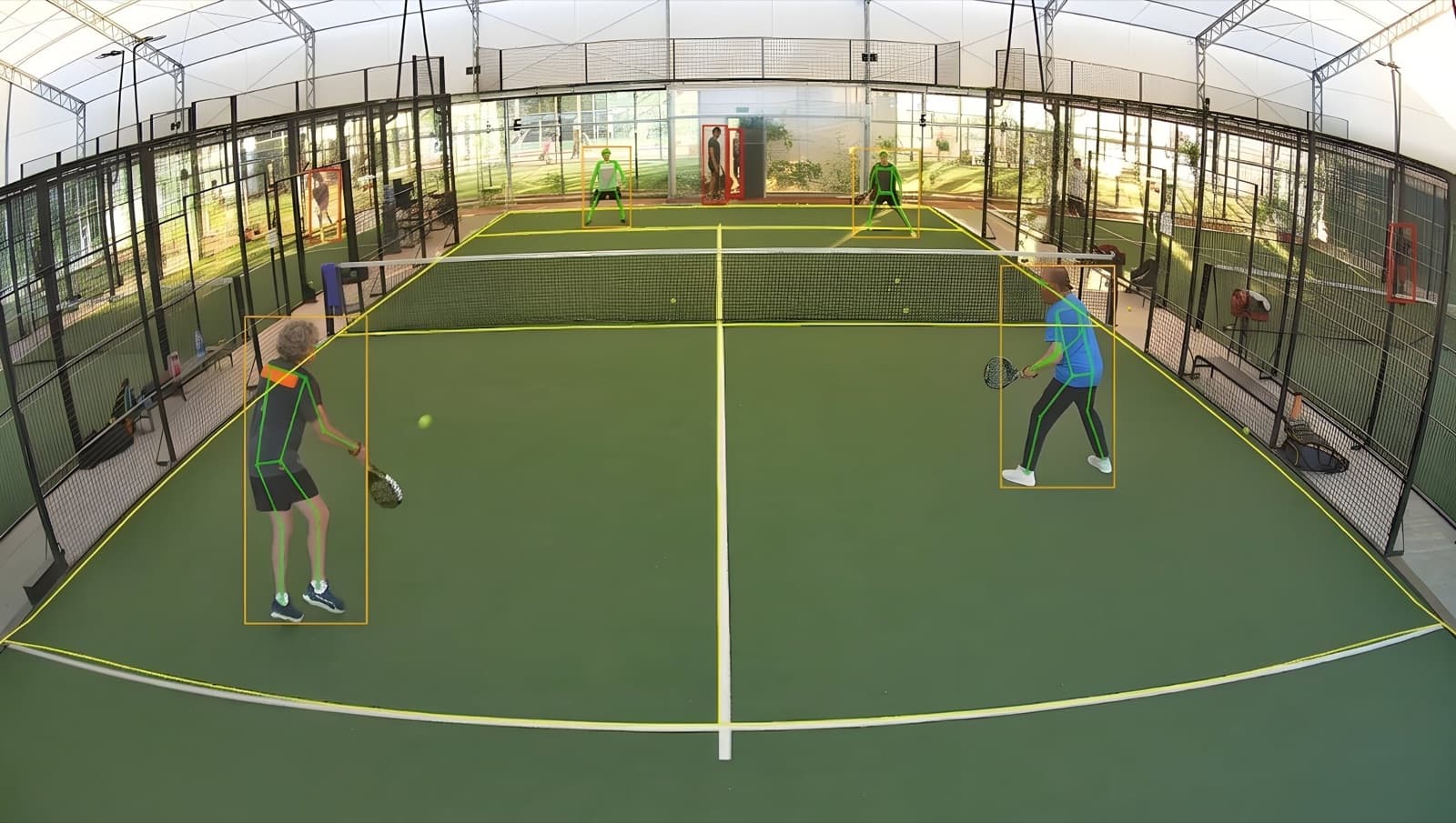 A padel match recorded from a fixed court camera, with the system's tracking drawn on it: each player outlined and followed, and the court's own lines picked out