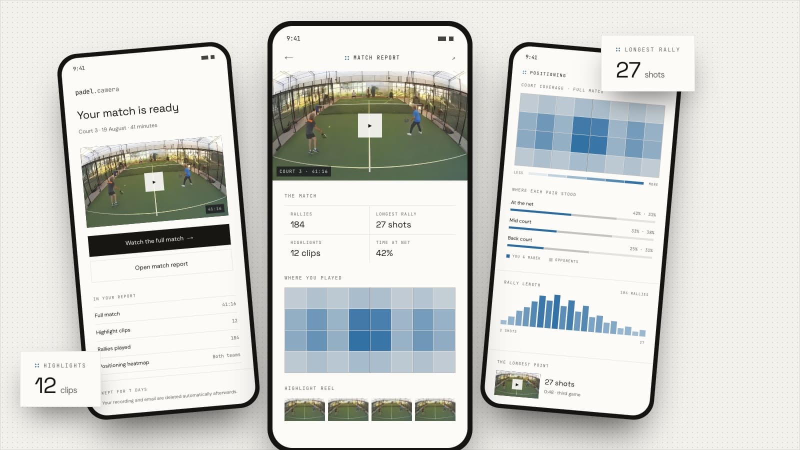 A phone showing the match report: key stats for both teams, a court heatmap and the top highlight clip